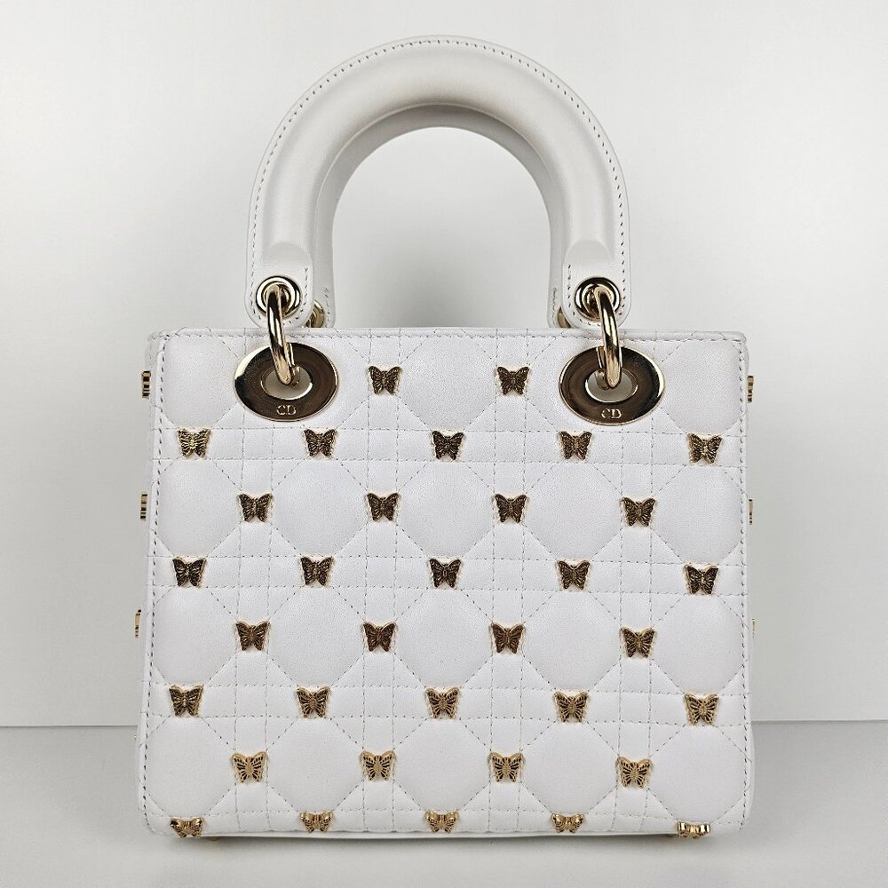 SOLD Dior Small Lady White Cannage Lambskin With Gold-Finish Butterfly Studs - Picture 2 of 13